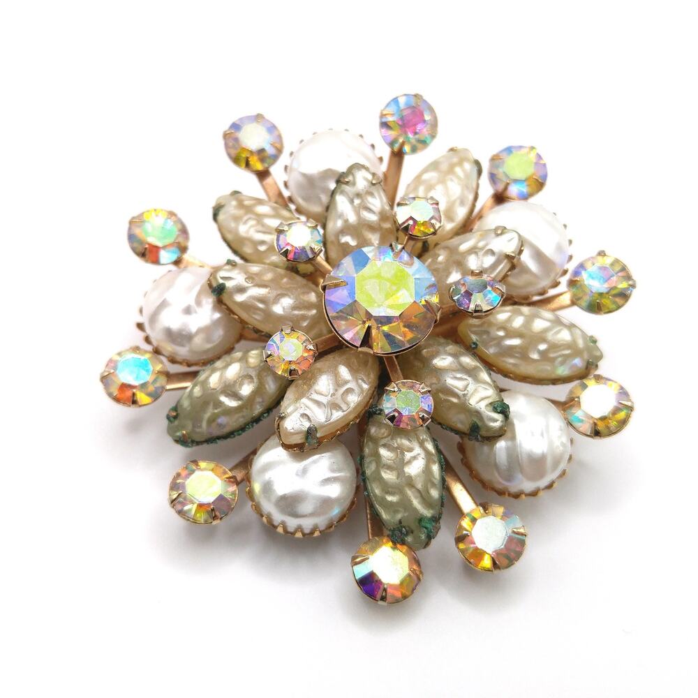 Vintage Lava Iridescent Glass Brooch, Aurora Borealis Rhinestones, 1950s